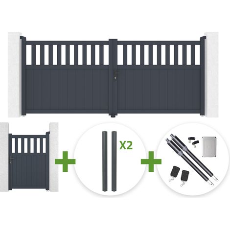 Portail battant SANTIS 3.4m H.140cm aluminium gris + 4 poteaux ELDA + Portillon 1m SANTIS H.140cm aluminium gris + motorisation Ranger B150 (1/5)
