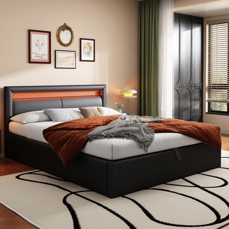 Gepolstertes LED-Doppelbett 140 x 190 cm mit Lattenrost und Stauraum, mehrfarbig beleuchtetes Kopfteil, Kunstleder Schwarz