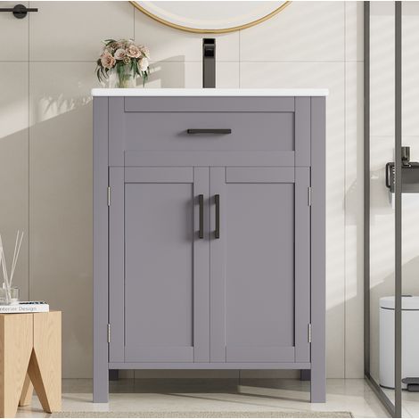 Mueble de baño con lavabo moderno, lavabo integrado de cerámica, MDF lacado gris, 2 puertas, 1 cajón, 60 x 46 x 84,8 cm (1/5)
