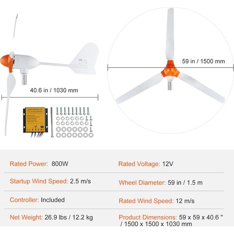 Éolienne, Haute Efficacité, Construction Durable, 12V 800W 3 Lames (1/2)