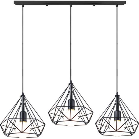 Pendelleuchte, Ø25cm Diamant Form Hängelampe, Kronleuchter mit Metall Käfig für Wohnzimmer Schlafzimmer Esszimmer Küche Schwarz - 3 Flammig mit Langer Stangenlichthalter