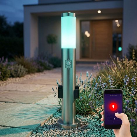 Smart Steh Lampe dimmbar Außen Steckdosen Bewegungsmelder Leuchte App Sprach Steuerung im Set inkl. RGB LED Leuchtmittel (1/5)