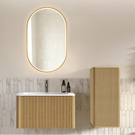 Ensemble meuble de salle de bain 80 cm avec vasque, miroir LED et colonne, décor chêne - REDOM (1/5)