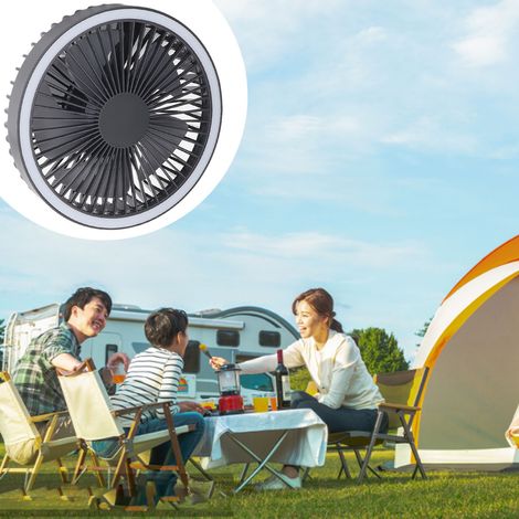 Ventilateur trépied sans fil pour le camping, peut être accroché à une tente, ventilateur portable rechargeable par USB, petite lampe de bureau, minuterie à trois vitesses, noir. (1/5)