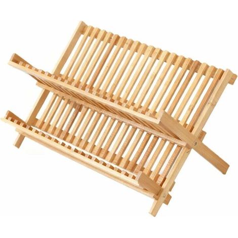 Égouttoir en bois, hauteur x largeur x profondeur : 4224,526 cm, double couche, égouttoir à couverts pliable en bambou, couleur naturelle.