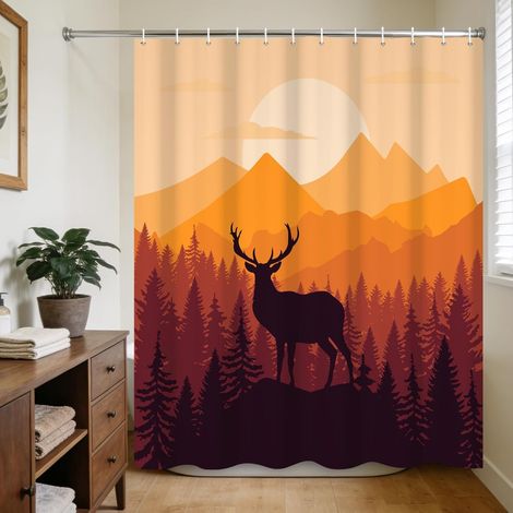 Rideau de Douche 183x183cm Forêt brumeuse et Cerfs Motif Nature, Montagne et Coucher de Soleil, avec Crochets, résistant à l'eau, pour Salle de Bain et décoration intérieure (1/5)