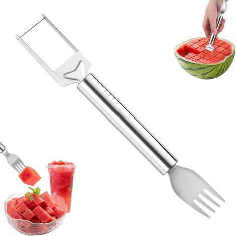 Tagliafrutta 2 in 1 in acciaio inox, forchetta per anguria, coltello bifacciale con manico rotondo per tagliare la frutta a cubetti (1 pezzo)