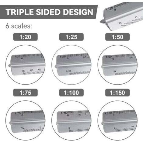 NALOOKAMIC Règle d'architecte triangle à échelle de 30cm, Échelle: 1:20-1:25-1:50-1:75-1:10 Matière: Aluminium, Scalimètre (Thirty) (1/4)