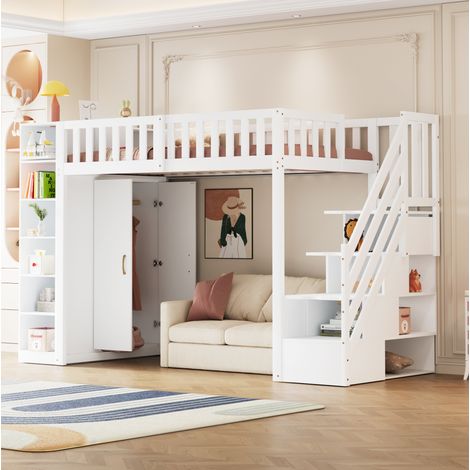 Letto a soppalco in legno bianco 90x200 cm con armadio, mensole, vano contenitore e rete a doghe inclusi. (1/5)