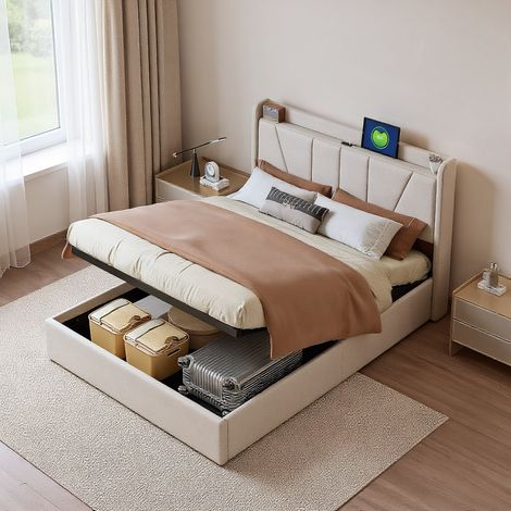 Lit coffre 140 x 200 cm, lit 140x200 avec sommier, lit adulte avec port USB, cadre de lit, avec tete de lit, Beige, matière lin (1/5)