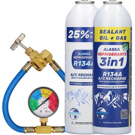 Kit Combiné Alaska Refrigerants - 3en1 Réfrigérant de remplacement R134a avec huile PAG 100 et colmatant de fuites