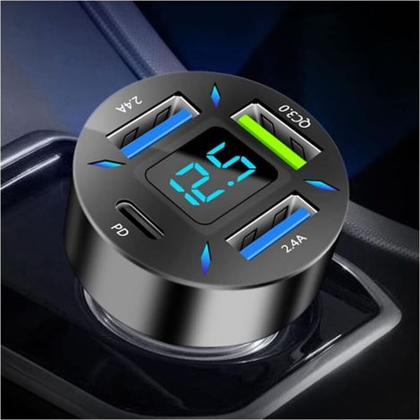 Chargeur de voiture 66 W ultra rapide USB PD et QC 3.0 (voltmètre et lumière LED) Charge rapide universelle pour prise allume-cigare 12-24 V, compatible avec iPhone 14, 13, 12, S22, S21, S20, iPad (B) (1/5)