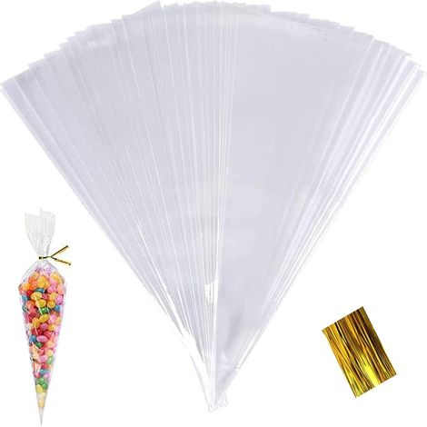 100pcs 25x13cm Clear Candy Bags Cellophane Cone Treat Pouch with Gold Ribbon for Christmas Party Wedding Small Gift (1/5)