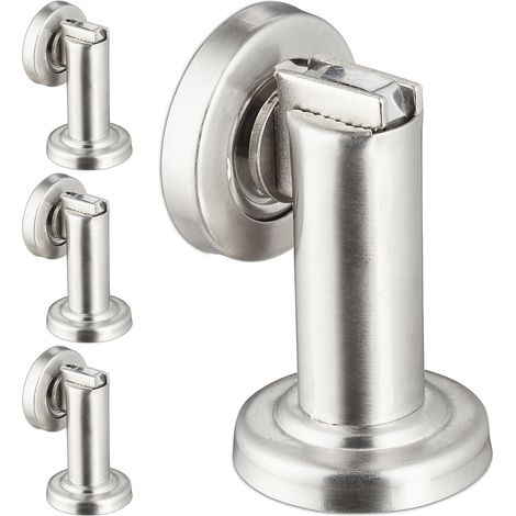 Relaxdays 4x Magnetic Door Stop, Blocker, Floor / Wall Mounted Stopper, Stainless Steel, HWD: 9.5 x 5 x 5.5 cm, Silver