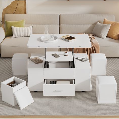 Tavolino trasformabile 100x50x45 cm bianco in truciolare con 4 sgabelli contenitore e altezza regolabile (1/5)