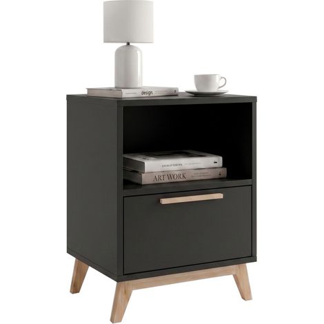 Chevet Noir 1 Tiroir 1 Niche Pieds Pin Massif L 38.2 H 51 P 35.1 cm (1/5)