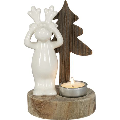 HGD Weihnachtsdeko Elch mit Tannenbaum & Teelichthalter Holz Ø 11 x 18 cm natur/weiß