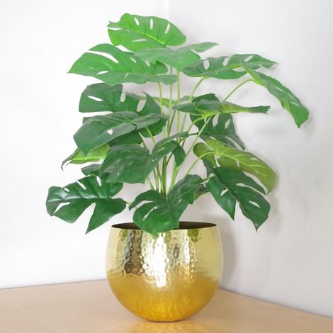 60cm Artificial Monstera Plant with Golden Metal Planter Included (1/5)