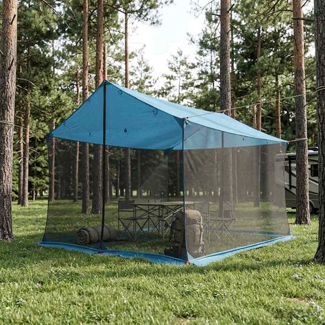 Tarp de camping avec parois en maille moustiquaire bleu 340 x 260 x 220 cm - PANGIVO (1/5)