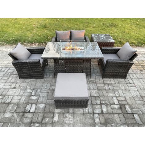 Fimous 5 Seater Outdoor Rattan Sofa Set Garden Furniture Gas Firepit Dining Table Heater with Big Footstool Side Table Dark Grey Mixed (1/5)