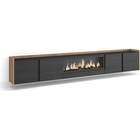 Mueble TV Yunquera-01 de 315x50x35 cm con chimenea eléctrica XXL suspendido, color negro y roble (1/4)