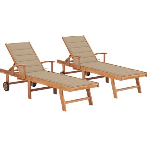 Lot de 2 transats chaise longue bain de soleil lit de jardin terrasse meuble d'extérieur avec coussin beige bois de teck solide