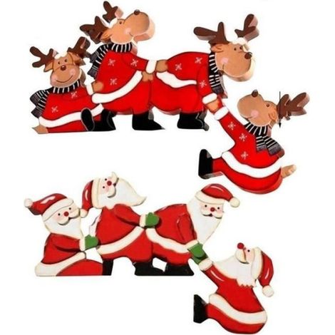 Décoration Cadre Porte Noël - Bois Épaissi Peint - Motif Père Noël et Renne - Pour Salon Salle À Manger Jardin - 2 Pièces (1/4)