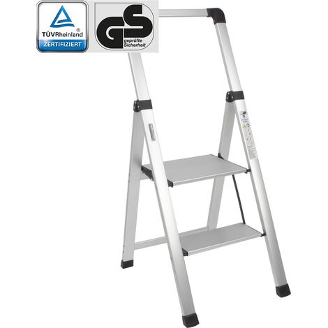 Trittleiter 2-stufig silber klappbar mit Handlauf bis 150 kg Aluminium Anti-Rutsch Trittflächen TÜV