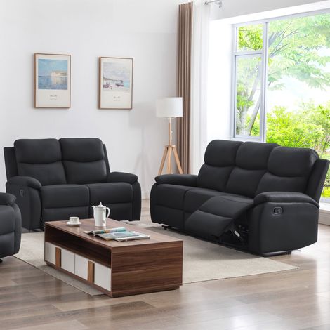 M&S – Ensemble de canapés 3+2 places relax manuel en PU noir – Structure en bois massif – Coussins en mousse polyuréthane – Dimensions 193x91x96cm