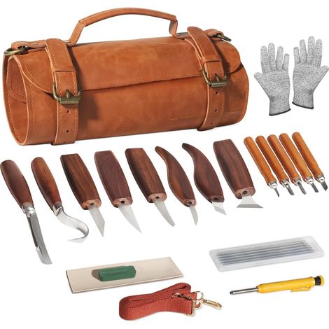 Coffret de sculpture sur bois, 20 outils de sculpture sur bois avec étui de rangement en cuir, comprenant 3 ciseaux à bois, 8 couteaux à sculpter et 5 couteaux de précision.