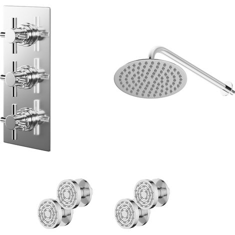 Cross Polished Chrome Concealed Triple Thermostatic Shower Valve and 200mm Round Head with 345mm Wall Arm and 4 Body Jets - 2 Outlet (1/5)