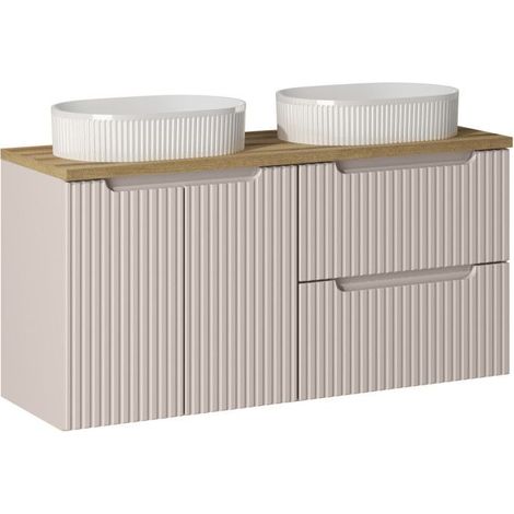 Meuble double vasques à poser + plateau effet chêne 120 cm - A portes + tiroirs - Astral Beige - Livraison gratuite (1/5)