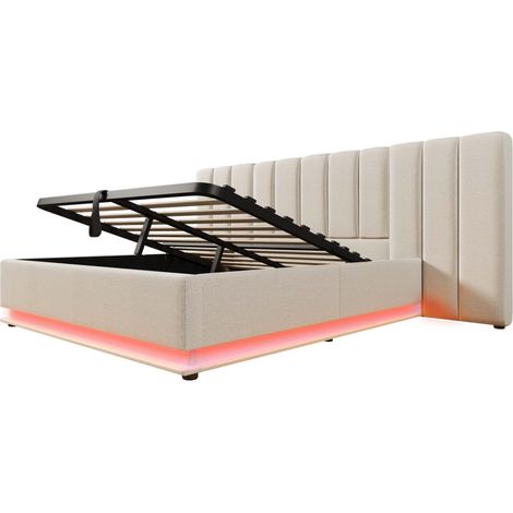 Cama con canapé 180x200 de lino beige con LED y carga USB-C HOMVRA (1/5)