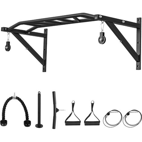 Barre de traction murale barre de fitness multi-prise système de poulie à câble charge 200kg, acier 126x60x45,5cm, noir (1/5)