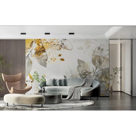 Papier Peint Feuillage – Aquarelle Grisée et Éclats Dorés - 150 x 250 cm (1/2)