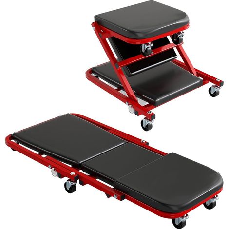 GOPLUS Chariot de Visite Pliable 2 en 1 Charge 150 KG, Tabouret Atelier 92 CM avec 6 roulettes Pivotantes à 360°, Chariot Mecanicien pour S'allonger ou S'asseoir, pour Atelier, Garage (Blanc) (1/5)