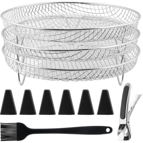 Scolapiatti impilabile a tre livelli in acciaio inox con cestello per friggitrice ad aria, pennello per olio, pinze e piedini rialzanti, capacità 4,2-5,8 litri. (1/4)