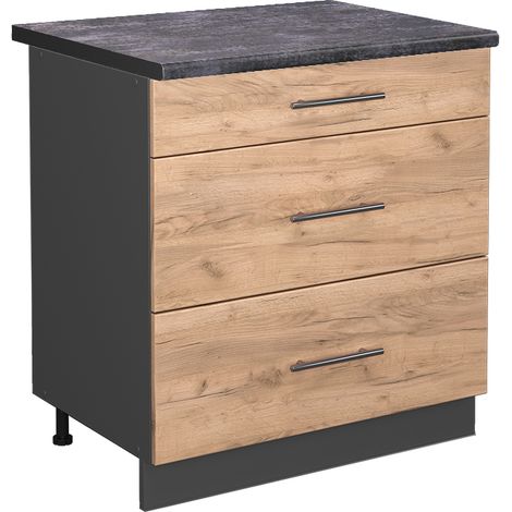 Mobiletto base per cucina Fame-Line, Rovere dorato, 80 cm con 3 cassetti, PL Antracite, Vicco