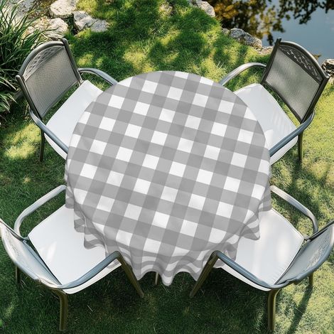 Tischdecke Rund 152 cm Grau Kariert - Wasserdicht & Abwaschbar für Innen & Außen