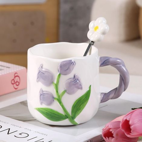 Taza de café/té de cerámica con forma de tulipán en 3D, 480 ml, con cuchara y asa (morada) (1/4)