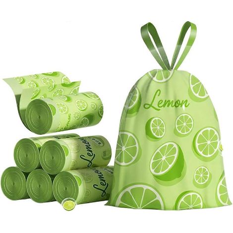 100 sacs poubelle parfumés citron 3 gallons (11,4L) avec cordon de serrage indéchirables pour chambre, voiture, salle de bain, bureau petits déchets (1/5)