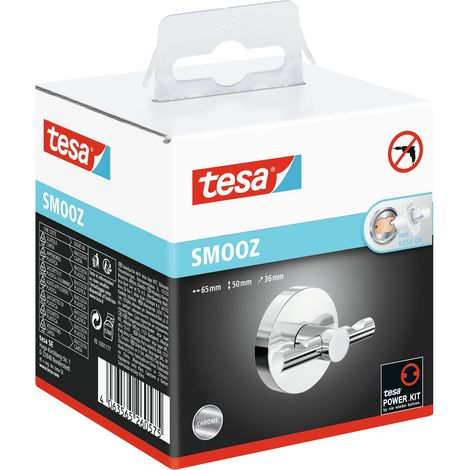 tesa SMOOZ Crochet porte-serviettes, acier inoxydable chromé - Crochet de salle de bain pour montage mural sans perçage, avec solution adhésive - 63 mm x 50 mm x 50 mm (1/2)