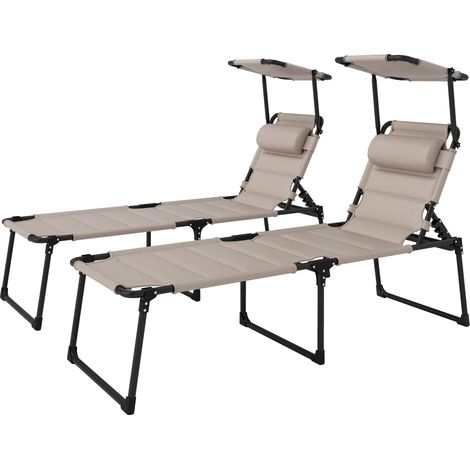 Lot de 2 Bains de soleil transats pliables grand confort dossier pare-soleil réglables multi-positions, kaki