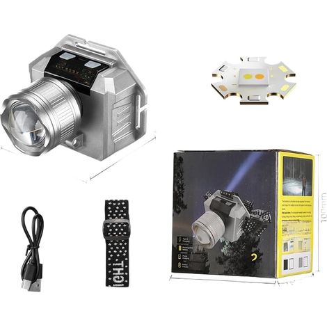 Lampe frontale LED avec zoom rotatif, puissance activée par le mouvement et batterie 2400 mAh chargée par USB pour une utilisation en extérieur et professionnelle toute la journée (A)