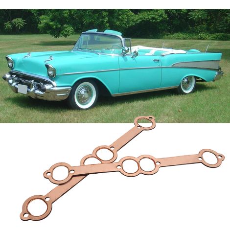 (Paar) Wiederverwendbare, kupferbeschichtete Auspuffdichtungen mit runden Anschlüssen, geeignet für Chevy Small-Block-Motoren 327, 305, 350 und 383. (1/5)