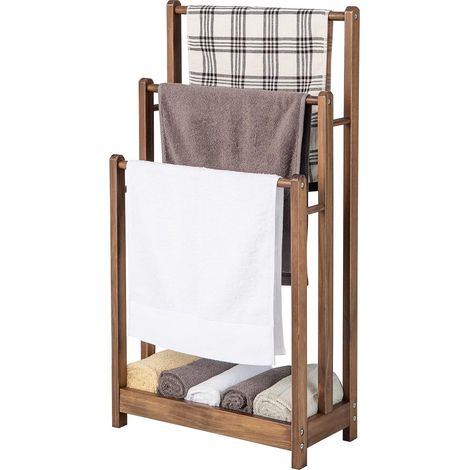 COSTWAY Handtuchständer braun freistehend, Handtuchhalter Holz mit 3 Handtuchstangen & unterer Ablage & Kippschutz, Trockenständer für Badezimmer, Hotels