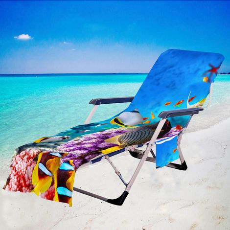 Housse de chaise de plage en microfibre Ocean World, à séchage rapide, housse de chaise longue imprimée avec poches latérales, 73x210cm (1/4)