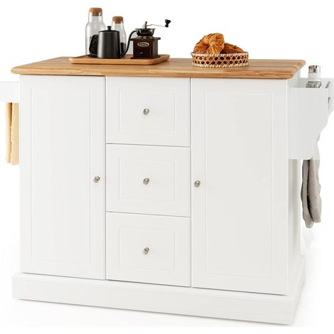 COSTWAY Küchenschrank Holz, Kücheninsel mit 5 versteckten Rollen, Küchenwagen mit Arbeitsplatte & Handtuchhalter & 3 Schubladen, 5-stufig verstellbaren Böden, Servierwagen Sideboard Rollbar (Weiß)