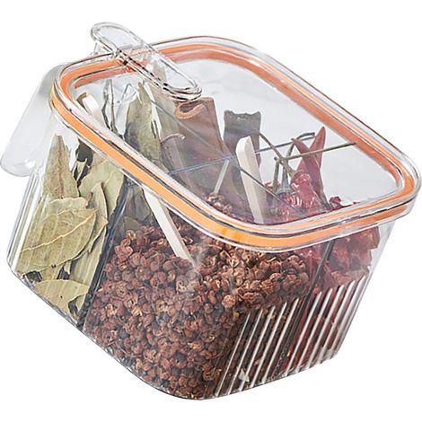 Transparente Gewürzbox mit 4 Fächern, mit Deckel und Löffel, orange Farbe. (1/5)