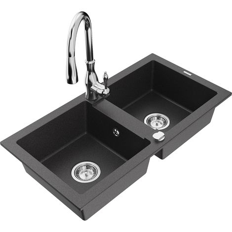 Mexen Mario 2-Becken-Granitspüle mit Mischbatterie Savita, Schwarz gesprenkelt - 6504-76-672601-00 (1/5)